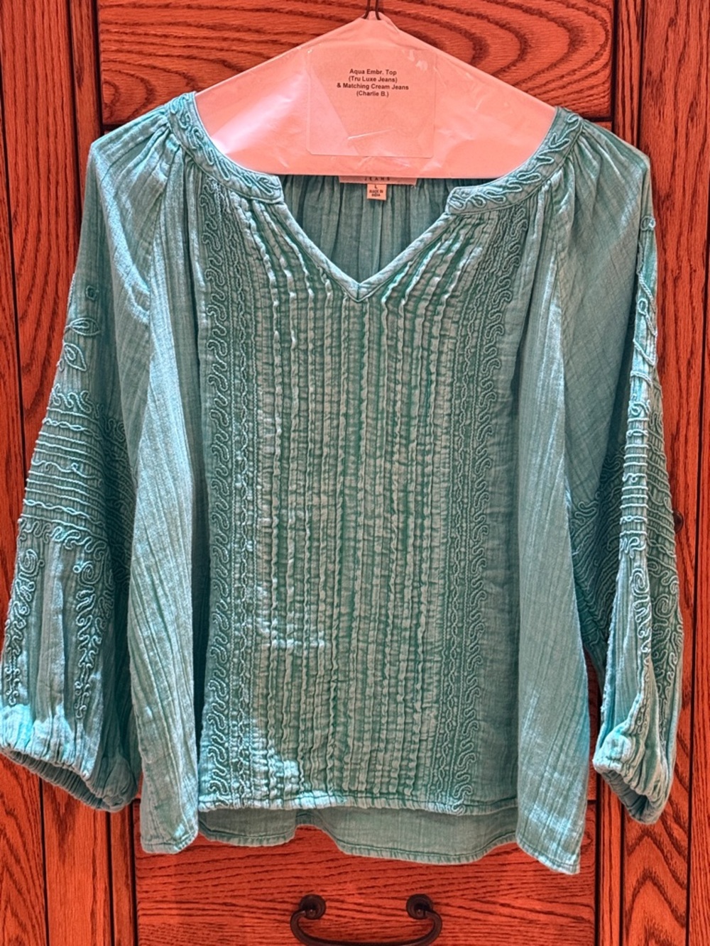 Tru Luxe Jeans Aqua Embroidered Pintuck Peasant Tunic